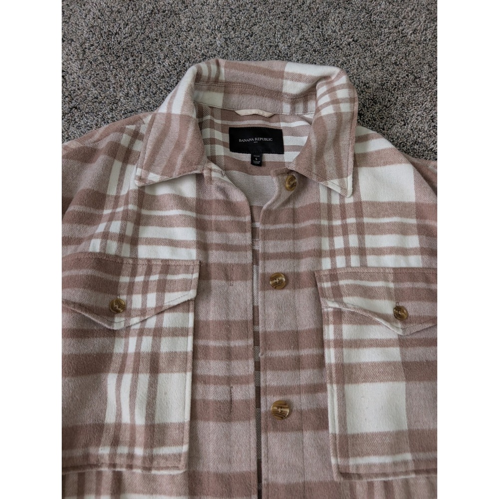 Banana Republic Tan Cream Plaid Shacket Petite Small Button Front Shirt Jacket - Picture 2 of 6